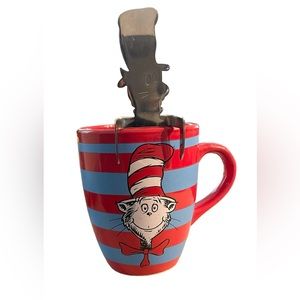 Dr. Seuss Cat In The Hat Mug 12oz Red/Blue Stripes &Metal Cat In The Hat Stirrer